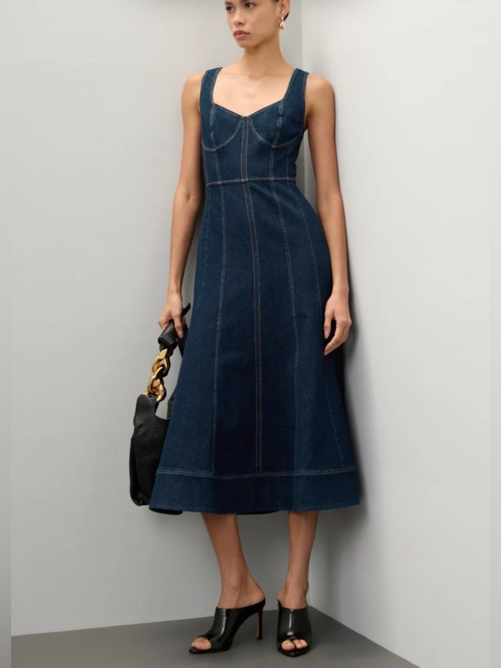 Jason Wu Fit and Flare Denim Midi Dress Sweetheart Neckline Size 0 Western Rodeo - Picture 2 of 12